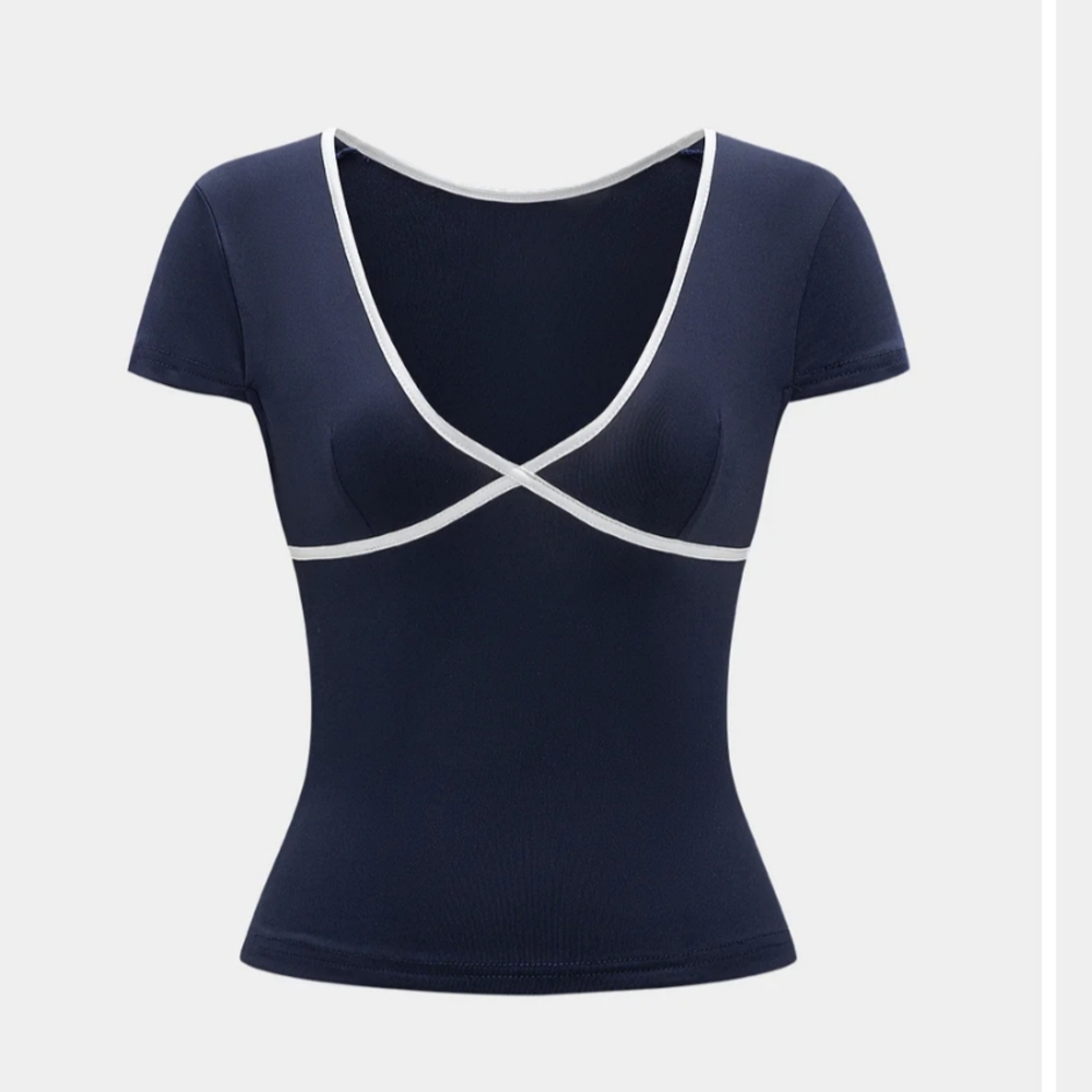 Navy Blue V-Neck Top with White Trim